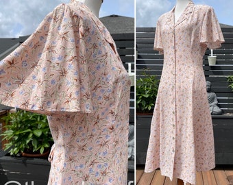 80's Carol Anderson Pink Floral Flutter Sleeve Button Down Midi Dress Sz L