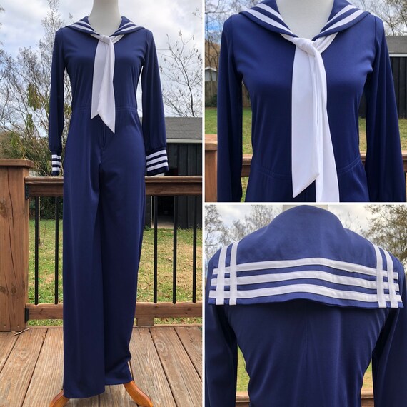 70's Vicky Vaughn Blue Nautical Jumpsuit Sz M