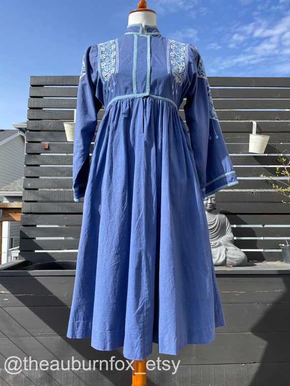 70's Walia's Embroidered Blue Cotton Dress Sz XS - image 3