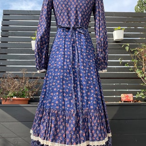 70's Gunne Sax Midnight Blue Floral Button Down Dress With Velvet Trim ...