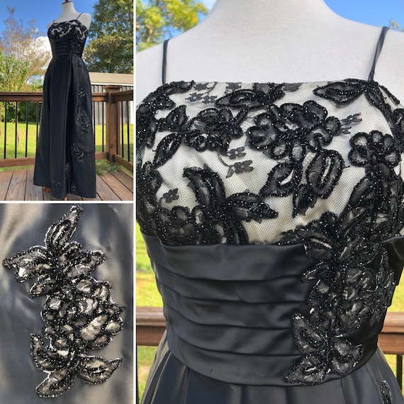 60's Mike Benet Formals Black Satin & Lace Gown Sz XXS