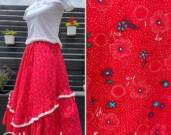 70's Byer California Red Floral Prairie Skirt Sz XS