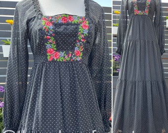 70's Roberta California Black Polka Dot & Embroidered Floral Maxi Dress Sz S