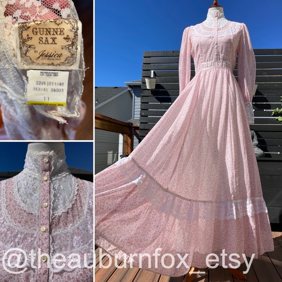 70's Gunne Sax Pink Floral & Lace Maxi Dress Sz 11 - image 1