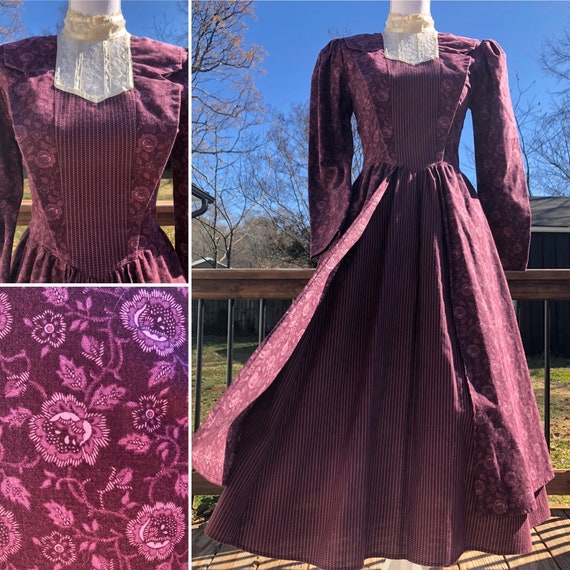 80's Gunne Sax Plum Purple Floral & Stripe Midi Dr