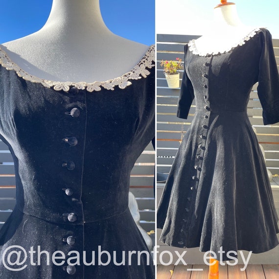 40's Lanz Black Velvet Button Down Dress Sz XS/S … - image 1