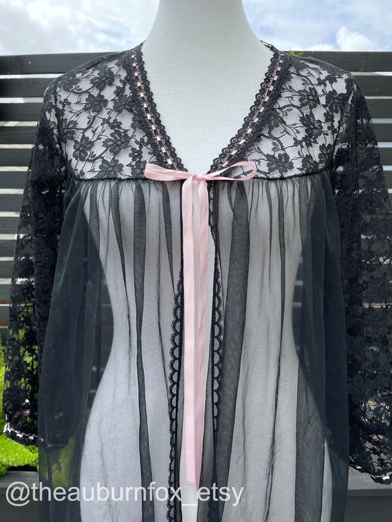 90's Black Gossamer & Lace Peignoir Robe by Frede… - image 2