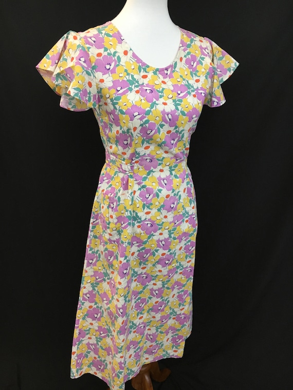 30's Floral Farmhouse Flutter Sleeve Dress