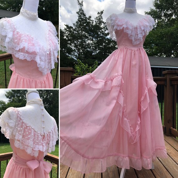 80's Pink Frill & Lace Formal Gunne Sax Dress Sz S