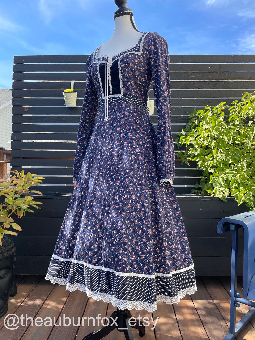 70's Gunne Sax Midnight Blue Floral & Polka Dot Midi Dress Sz S - Etsy