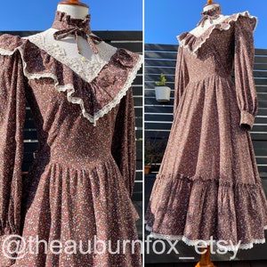 70&#39;s Gunne Sax Chocolate Brown Floral Midi Dress with Cream Corduroy Trim Sz S
