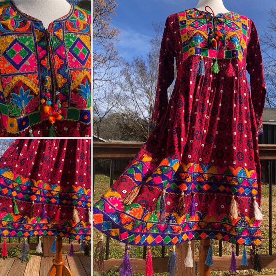 Ethnic Tassel Midi Shift Dress Sz M/L