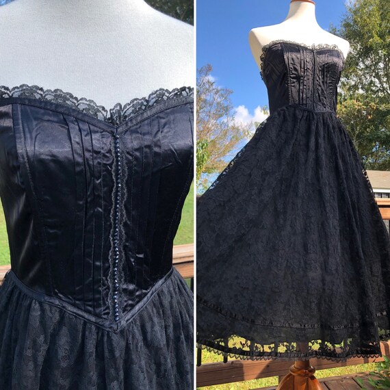 Gothic 70's Black Satin & Lace Gunne Sax Midi Stra