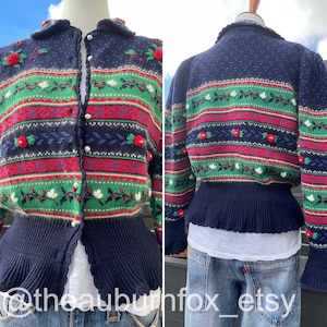 1988 Susan Bristol Hand Embroidered Navy Blue, Green & Red Cardigan Sz S/M