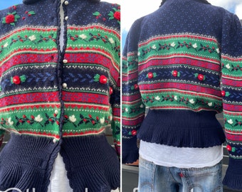 1988 Susan Bristol Hand Embroidered Navy Blue, Green & Red Cardigan Sz S/M