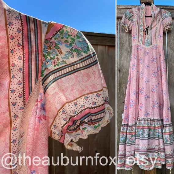 70's Pink Floral Maxi Dress with Faux Lace Print … - image 1