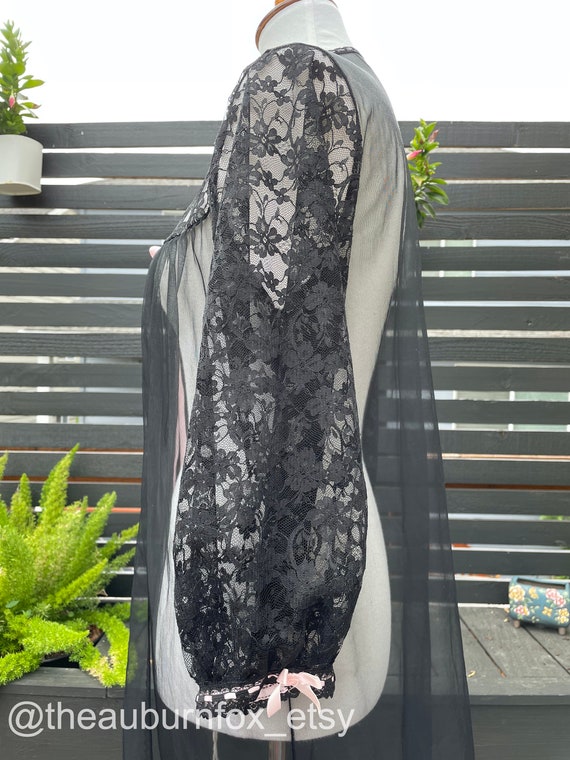 90's Black Gossamer & Lace Peignoir Robe by Frede… - image 5