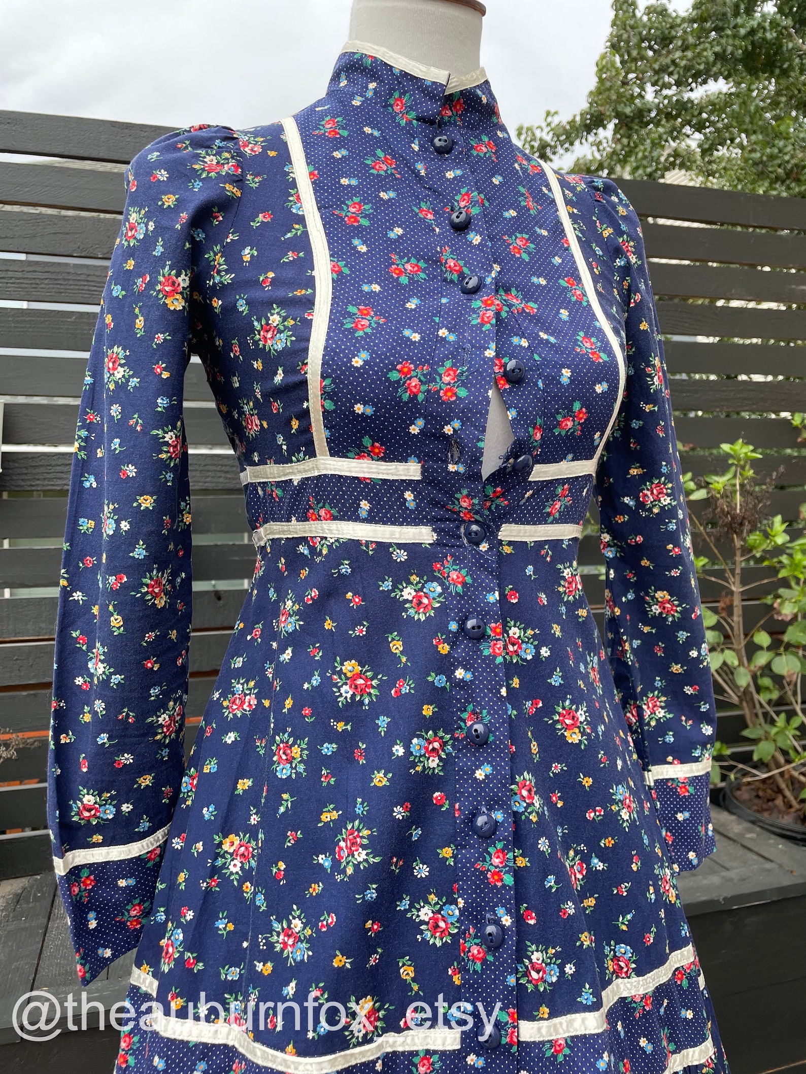 70's Gunne Sax Navy Blue Floral Button Down Midi Dress Sz XS (altered ...