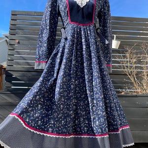 70&#39;s Gunne Sax Navy Blue Floral & Polka Dot Midi Dress Sz 11