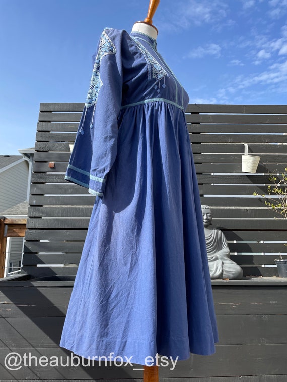 70's Walia's Embroidered Blue Cotton Dress Sz XS - image 4