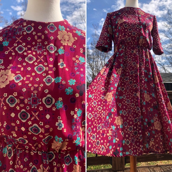 80's Cranberry Mid-Century Print Dress Sz M