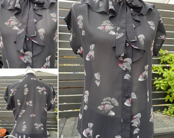 80's Liberty House of Hawaii Black Sheer Print Blouse Sz M/L