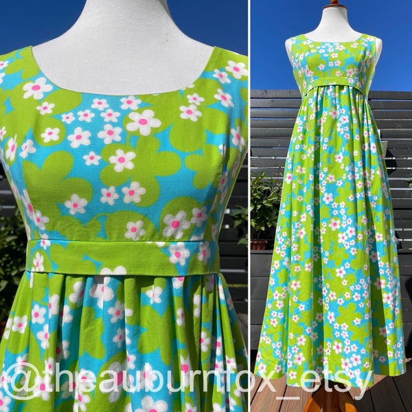 70's Baby Blue & Lime Green Hawaiian Floral Maxi Dress by Nalii Sz S/M