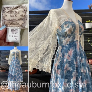 70's Gunne Sax Moody Blue Leaf Print With Lace Angel Sleeves Maxi Dress ...