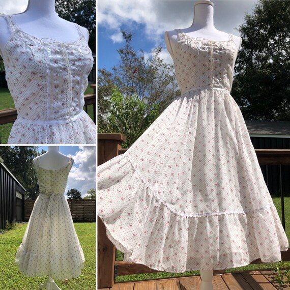 70's Pink Floral & Polka Dot Gunne Sax Midi Sundre