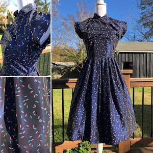 50's Handmade Navy Blue Taffeta Dress with Peter Pan Collar Sz S