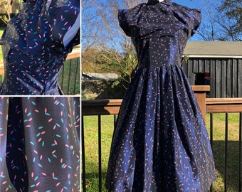 50's Handmade Navy Blue Taffeta Dress with Peter Pan Collar Sz S