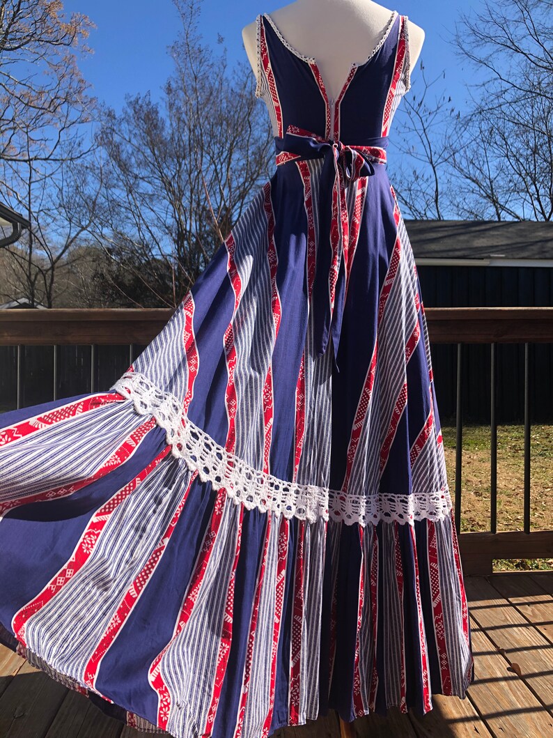 70/'s Gunne Sax Red White /& Blue Maxi Sundress Sz S