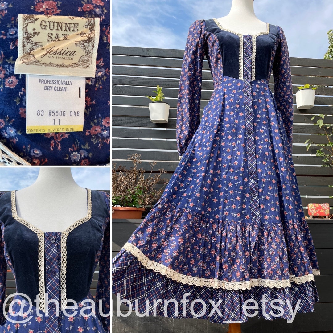 70's Gunne Sax Midnight Blue Floral Button Down Dress With Velvet Trim ...