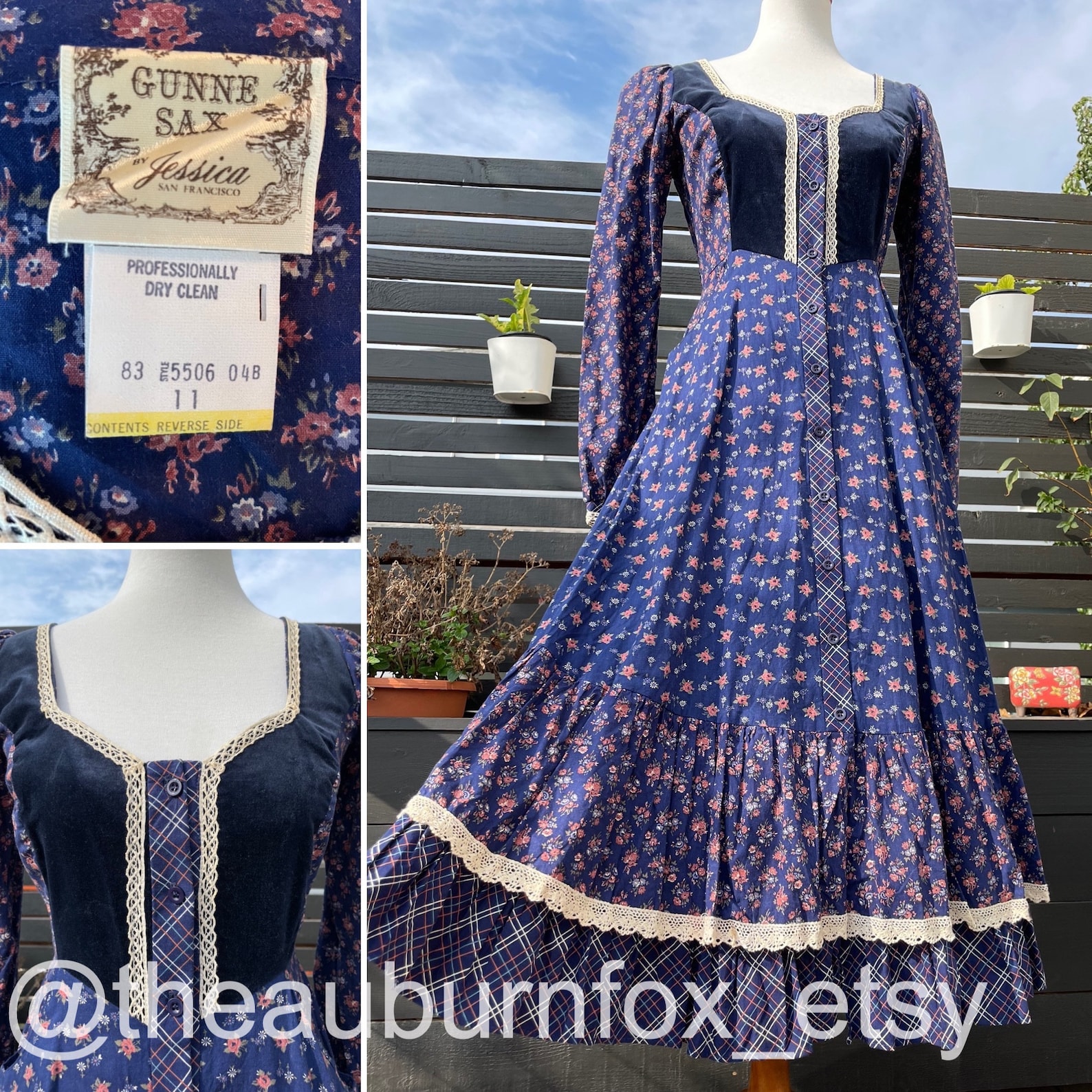 70's Gunne Sax Midnight Blue Floral Button Down Dress With Velvet Trim ...