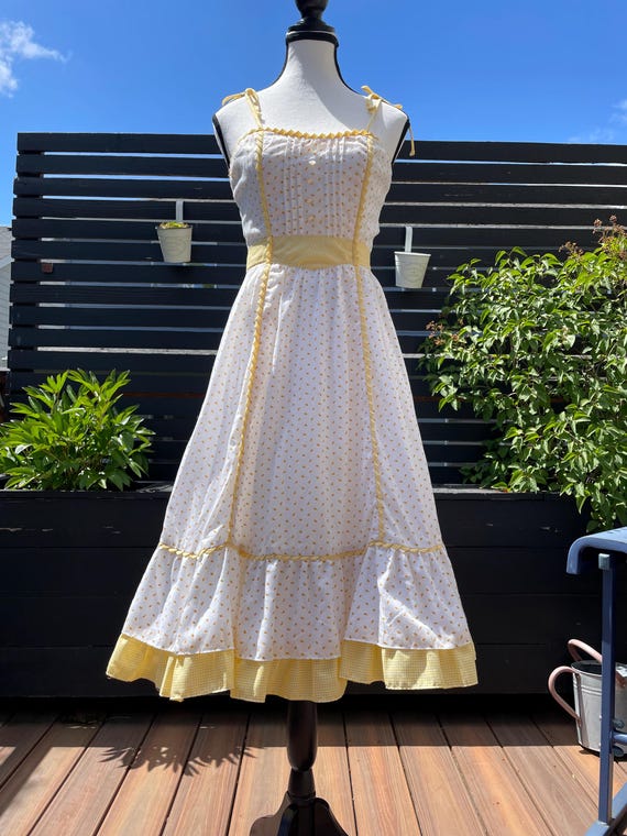 70's Candi Jones Yellow Floral & Gingham Sundress Sz XS