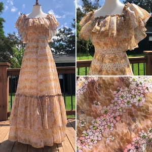70&#39;s Ruffle Flutter Floral On/Off Shoulder Maxi Jurk van Rue de la Paix Sz XS