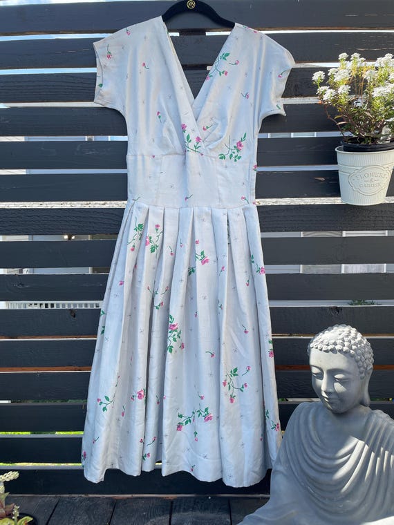 50's Youth Guild Silver Floral Dress Sz Xs