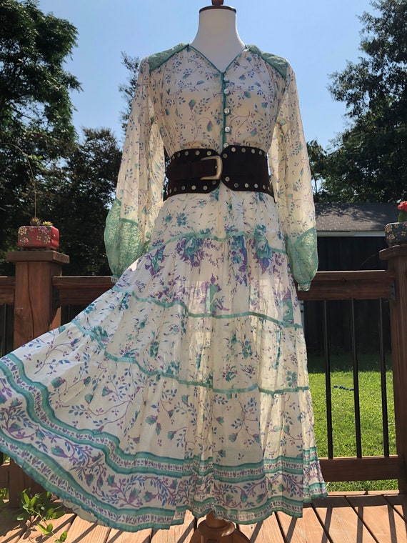 Vintage Indian Cotton Dress in Lavender & Seafoam… - image 3