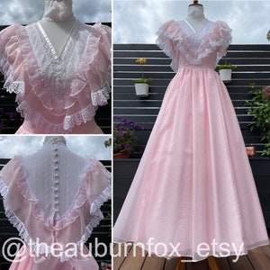 80&#39;s Gunne Sax Pink Swiss Dot & Lace Formal Dress Sz S