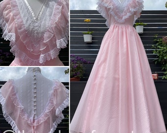 80&#39;s Gunne Sax Pink Swiss Dot & Lace Formal Dress Sz S