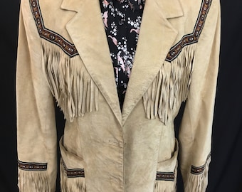 Cowgirl Cool Vintage Scully chaqueta de flecos de cuero con ribete suroeste
