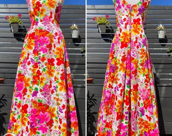 60's/70's Bright Floral Hawaiian Maxi Dress Sz S/M