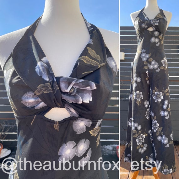 70's Black with Grey Floral Print Halter Jumpsuit… - image 1