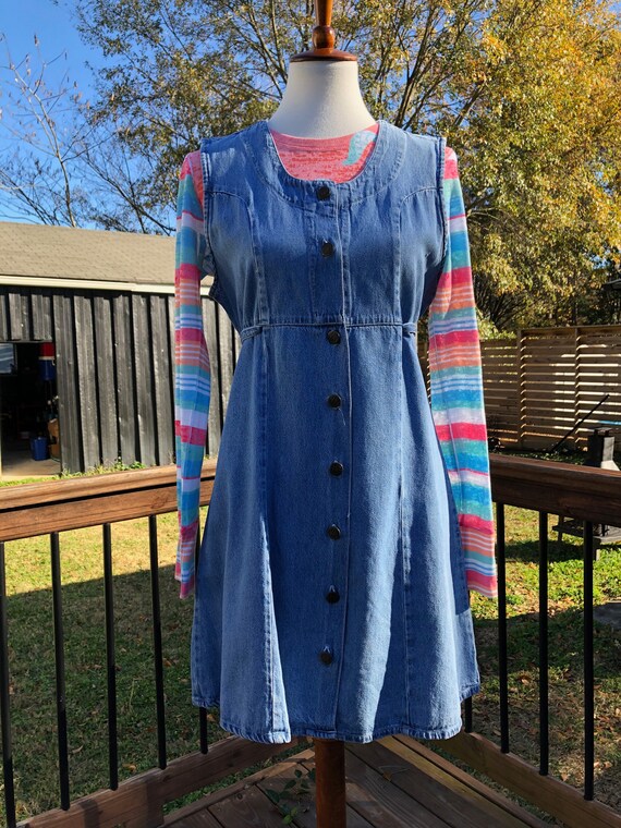 90's Denim Button Down Babydoll Mini Dress Sz M/L - image 8