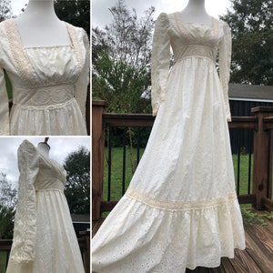 70&#39;s Vanilla Eyelet & Lace Milkmaid Gunne Sax Maxi Dress Sz XS