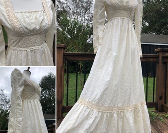 70&#39;s Vanilla Eyelet & Lace Milkmaid Gunne Sax Maxi Dress Sz XS