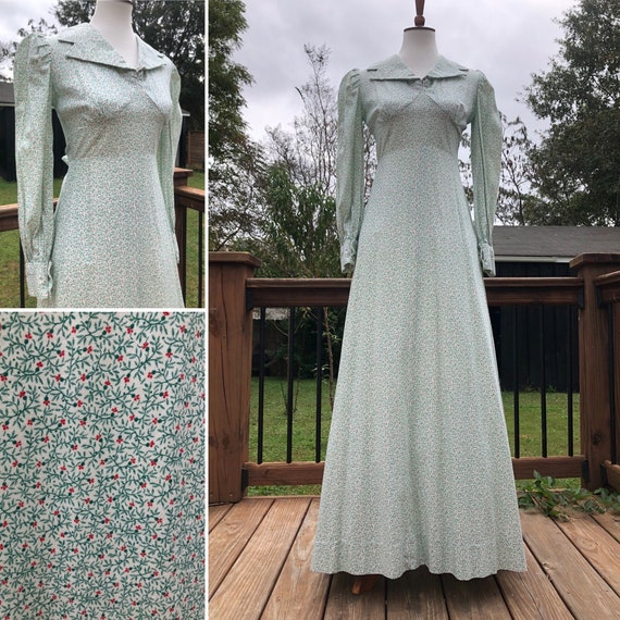 70's Green & Red Ditsy Floral Maxi Dress Sz S