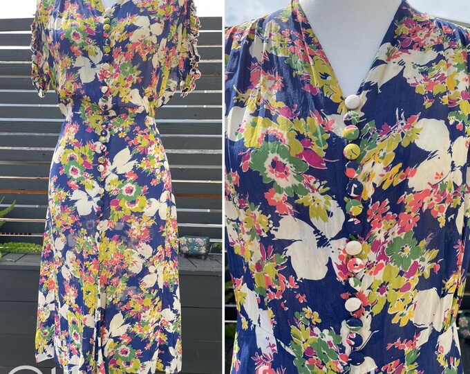 40's Nelly Don Vibrant Floral Dress With Ruffled Sleeves Sz M/L flaws ...