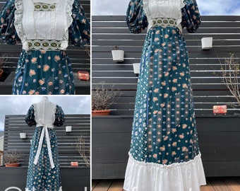 70's bosgroene maxi-jurk met gemengde bloemen van Wendy Sz XS (elastische uitgave)