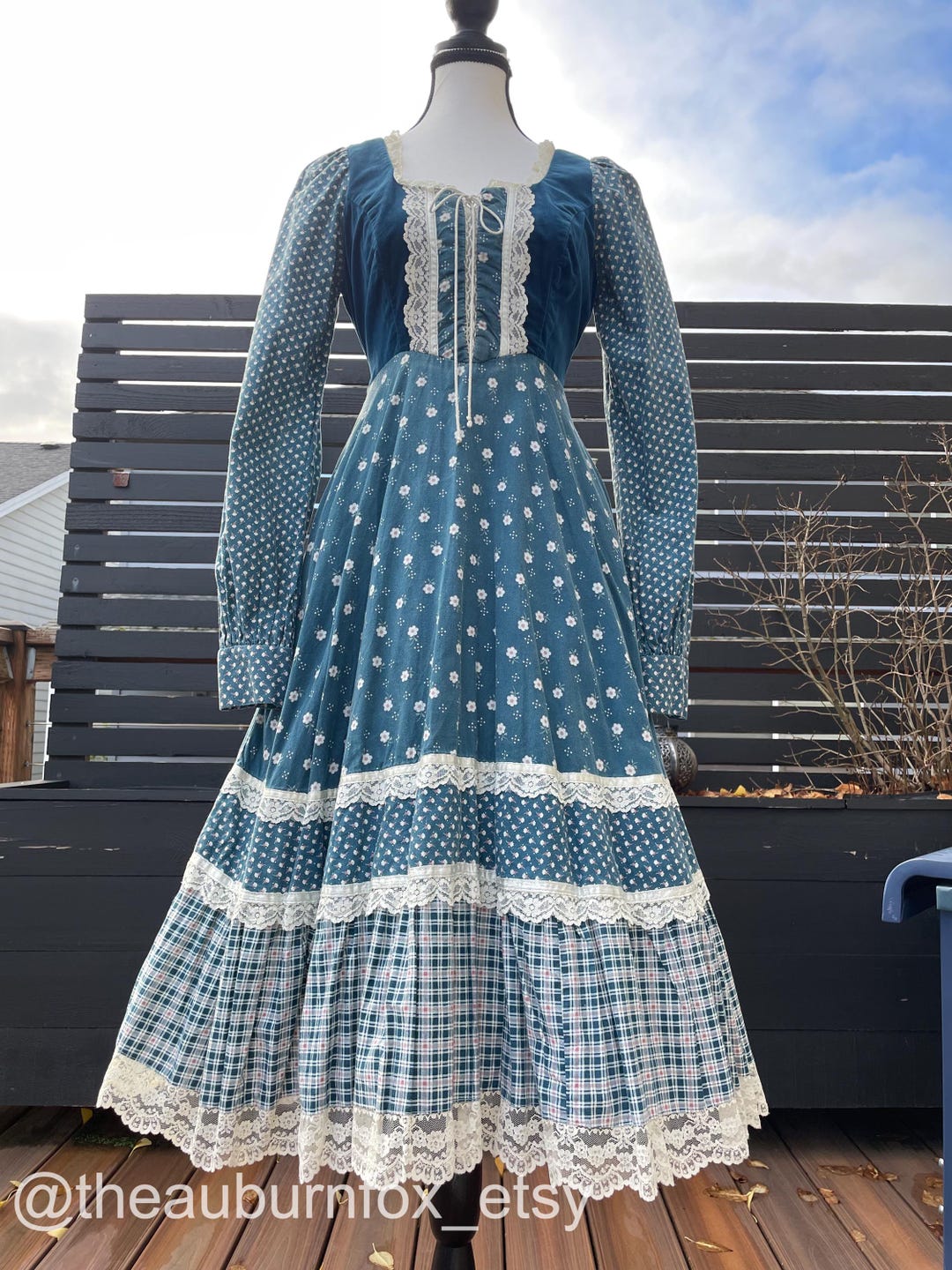 70's Gunne Sax Teal Blue Velvet & Floral Midi Dress Sz S - Etsy